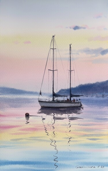 Painting titled "Yacht at sunset #4" by Eugenia Gorbacheva, Original Artwork, Watercolor
