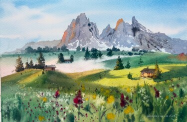 Painting titled "Spring in the Alps" by Eugenia Gorbacheva, Original Artwork, Watercolor