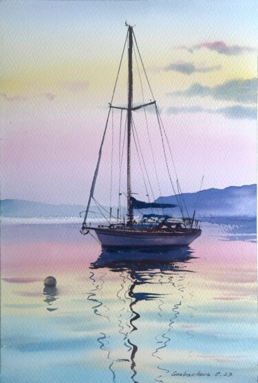 Painting titled "Yacht at sunset #5" by Eugenia Gorbacheva, Original Artwork, Watercolor
