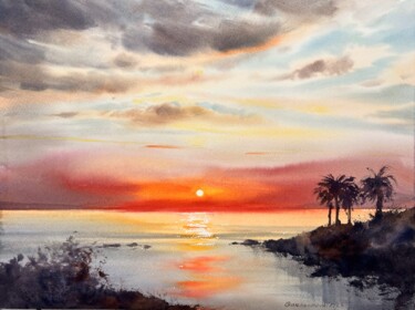 Painting titled "Sunset on the sea #5" by Eugenia Gorbacheva, Original Artwork, Watercolor