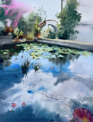 Pintura titulada "Pond with water lil…" por Eugenia Gorbacheva, Obra de arte original, Acuarela