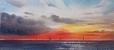 Painting titled "Sunset on the sea #8" by Eugenia Gorbacheva, Original Artwork, Watercolor