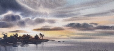 Painting titled "Sunset on the sea #9" by Eugenia Gorbacheva, Original Artwork, Watercolor