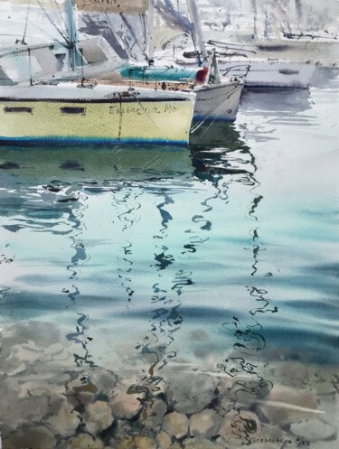 Painting titled "Yachts at anchor #12" by Eugenia Gorbacheva, Original Artwork, Watercolor