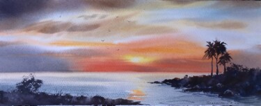 Painting titled "Sunset on the sea #…" by Eugenia Gorbacheva, Original Artwork, Watercolor