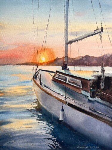 Painting titled "Yacht at sunset #7" by Eugenia Gorbacheva, Original Artwork, Watercolor