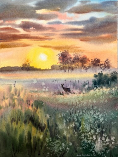 Painting titled "Orange sunset #18" by Eugenia Gorbacheva, Original Artwork, Watercolor
