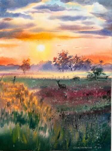 Schilderij getiteld "Orange sunset #19" door Eugenia Gorbacheva, Origineel Kunstwerk, Aquarel