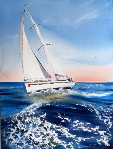 Peinture intitulée "Yacht on the waves…" par Eugenia Gorbacheva, Œuvre d'art originale, Aquarelle