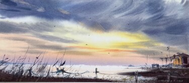 Peinture intitulée "Sunrise at sea" par Eugenia Gorbacheva, Œuvre d'art originale, Aquarelle