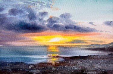 Painting titled "Sunset on the sea #…" by Eugenia Gorbacheva, Original Artwork, Watercolor