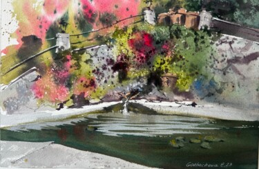 Картина под названием "Pond in the park" - Eugenia Gorbacheva, Подлинное произведение искусства, Акварель