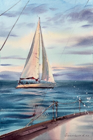 Painting titled "Yachts at sea #19" by Eugenia Gorbacheva, Original Artwork, Watercolor