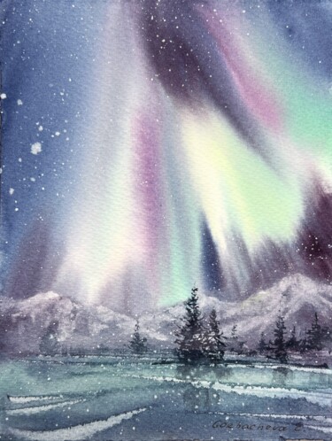 Painting titled "Northern lights #2" by Eugenia Gorbacheva, Original Artwork, Watercolor
