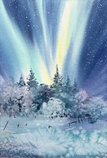 Peinture intitulée "Northern lights #3" par Eugenia Gorbacheva, Œuvre d'art originale, Aquarelle