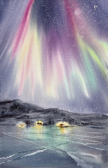 Painting titled "Northern lights #4" by Eugenia Gorbacheva, Original Artwork, Watercolor