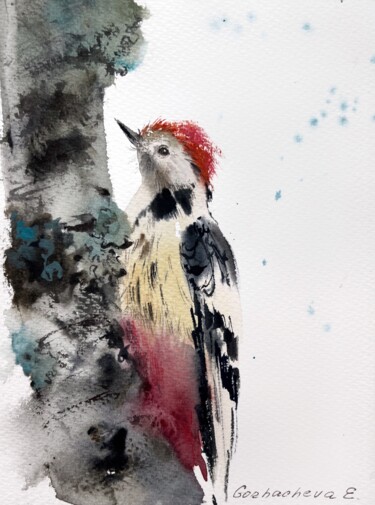 Картина под названием "Woodpecker on a tre…" - Eugenia Gorbacheva, Подлинное произведение искусства, Акварель
