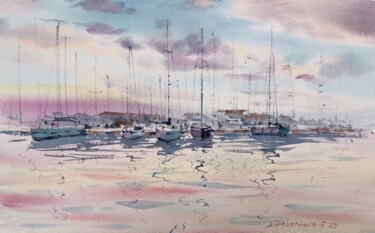 Painting titled "Yachts on the pier…" by Eugenia Gorbacheva, Original Artwork, Watercolor
