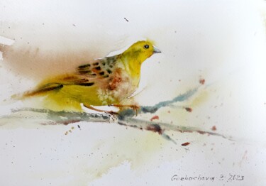 Painting titled "Little yellow bird" by Eugenia Gorbacheva, Original Artwork, Watercolor