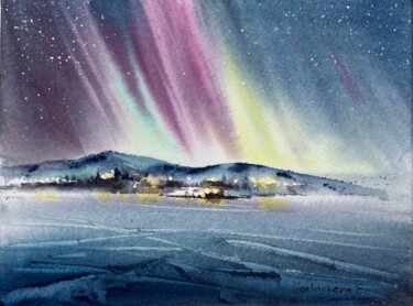 Painting titled "Northern lights #6" by Eugenia Gorbacheva, Original Artwork, Watercolor