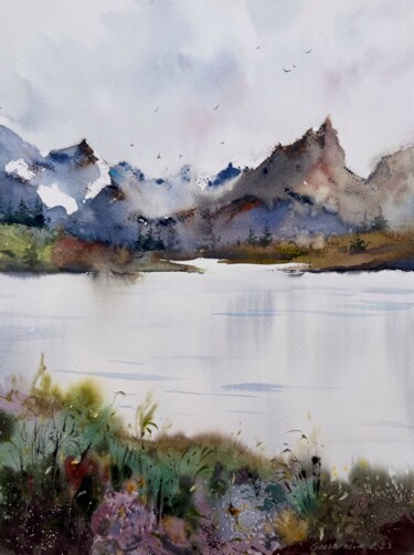 Painting titled "Mountain Lake #29" by Eugenia Gorbacheva, Original Artwork, Watercolor