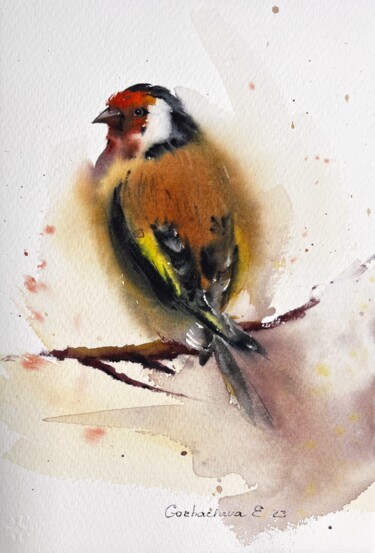 Painting titled "Goldfinch" by Eugenia Gorbacheva, Original Artwork, Watercolor