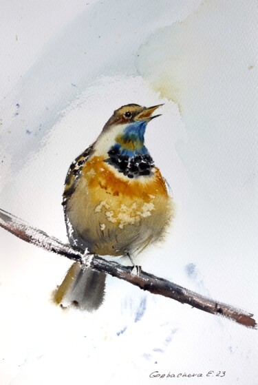Pintura intitulada "Bird on a branch" por Eugenia Gorbacheva, Obras de arte originais, Aquarela