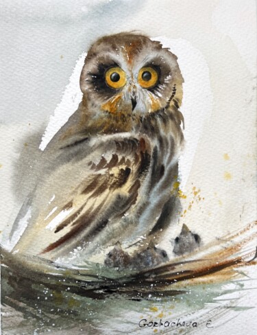 Painting titled "Owl in the nest" by Eugenia Gorbacheva, Original Artwork, Watercolor