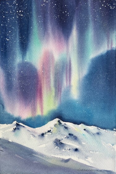 Painting titled "Northern lights #12" by Eugenia Gorbacheva, Original Artwork, Watercolor