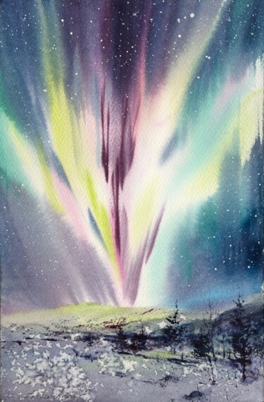 Malarstwo zatytułowany „Northern lights #14” autorstwa Eugenia Gorbacheva, Oryginalna praca, Akwarela