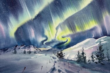 Painting titled "Northern lights #26" by Eugenia Gorbacheva, Original Artwork, Watercolor