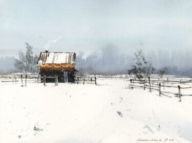 Painting titled "Hut in the snow" by Eugenia Gorbacheva, Original Artwork, Watercolor