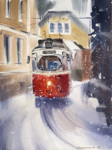 Painting titled "Tram" by Eugenia Gorbacheva, Original Artwork, Watercolor