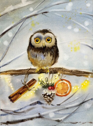 Peinture intitulée "Owl with New Year's…" par Eugenia Gorbacheva, Œuvre d'art originale, Aquarelle