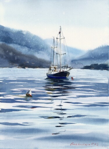 Картина под названием "Schooner in the bay" - Eugenia Gorbacheva, Подлинное произведение искусства, Акварель
