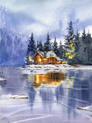 Картина под названием "House on the lake.…" - Eugenia Gorbacheva, Подлинное произведение искусства, Акварель