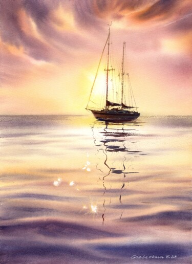 Painting titled "Yacht at sunset #8" by Eugenia Gorbacheva, Original Artwork, Watercolor