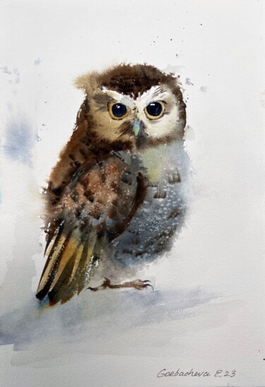 Painting titled "Little owl" by Eugenia Gorbacheva, Original Artwork, Watercolor