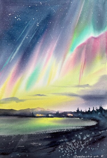 Painting titled "Northern lights #31" by Eugenia Gorbacheva, Original Artwork, Watercolor