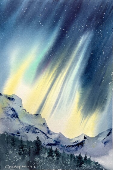 Malerei mit dem Titel "Northern lights #32" von Eugenia Gorbacheva, Original-Kunstwerk, Aquarell