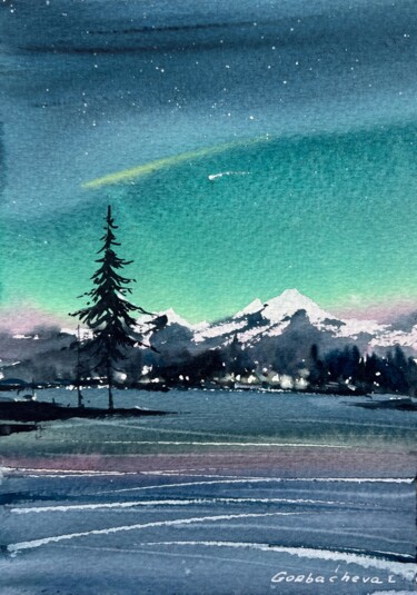 Painting titled "Northern lights #33" by Eugenia Gorbacheva, Original Artwork, Watercolor