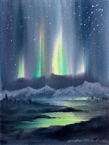 Pintura titulada "Northern lights #34" por Eugenia Gorbacheva, Obra de arte original, Acuarela