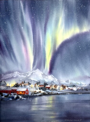 Painting titled "Northern lights. No…" by Eugenia Gorbacheva, Original Artwork, Watercolor