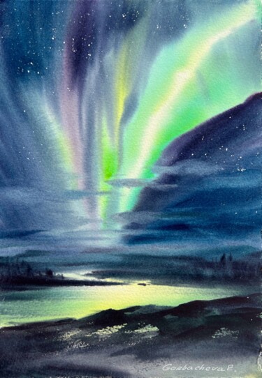 Painting titled "Northern lights #39" by Eugenia Gorbacheva, Original Artwork, Watercolor