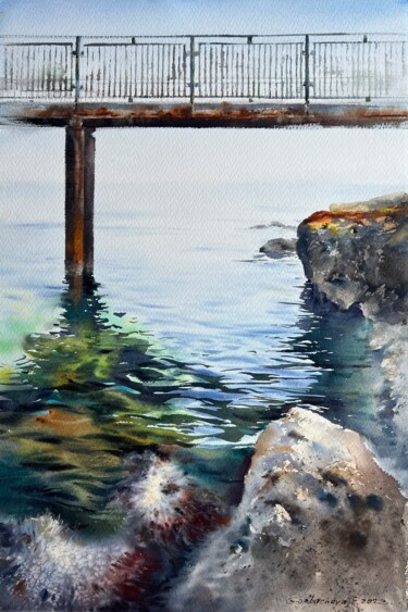 Schilderij getiteld "Sea Coast Bridge" door Eugenia Gorbacheva, Origineel Kunstwerk, Aquarel