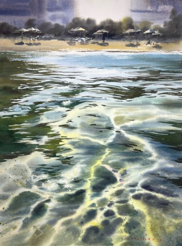 Painting titled "Beach on the sea co…" by Eugenia Gorbacheva, Original Artwork, Watercolor