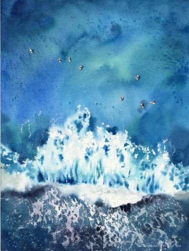 Painting titled "Sea from above #2" by Eugenia Gorbacheva, Original Artwork, Watercolor