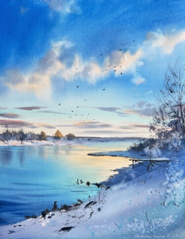 Painting titled "Frozen river #5" by Eugenia Gorbacheva, Original Artwork, Watercolor