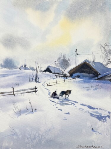 Painting titled "Winter morning in t…" by Eugenia Gorbacheva, Original Artwork, Watercolor