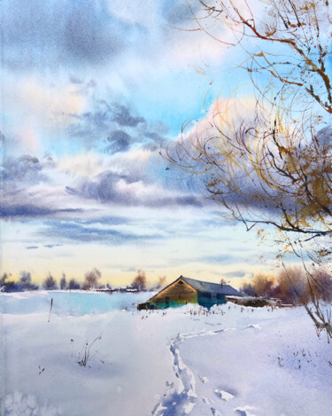 Картина под названием "Winter morning in t…" - Eugenia Gorbacheva, Подлинное произведение искусства, Акварель